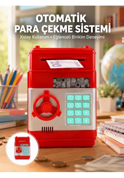 Kırmızı Şifreli Atm Kasa Para Yutan Kumbara - Lisinya