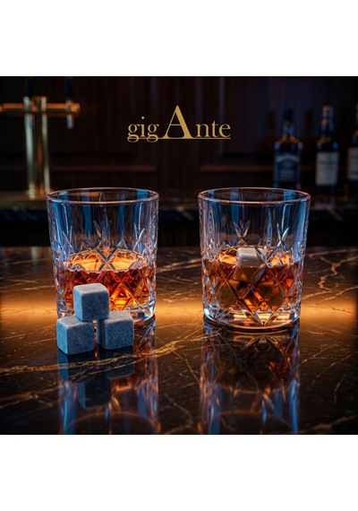 Gigante Deluxe Bohemia Kristal Viski Bardağı Seti, 320 Ml, 2 Bardak Ve 6 Mermer Viski Taşı, Kristal Kesim Desen, Hediye Kutusu Şeffaf