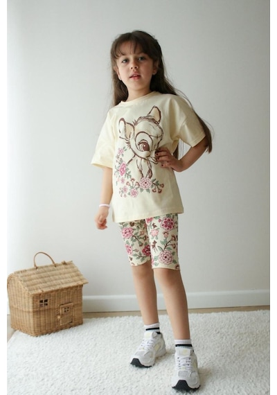 Jeliboomkidswear Kiz Çoçuk 3-10 Yaş Şortlu Kısa Kollu 2 Li Takım Krem