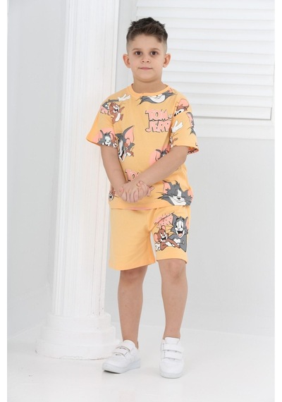 Veramoni Unisex Tom&jery Baskılı Kısa Kollu Şortlu İkili Takım sarı