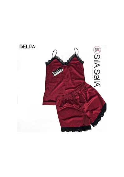 Belpa Sıla Sella Kadife Dantel Detaylı Şortlu Takım Bordo