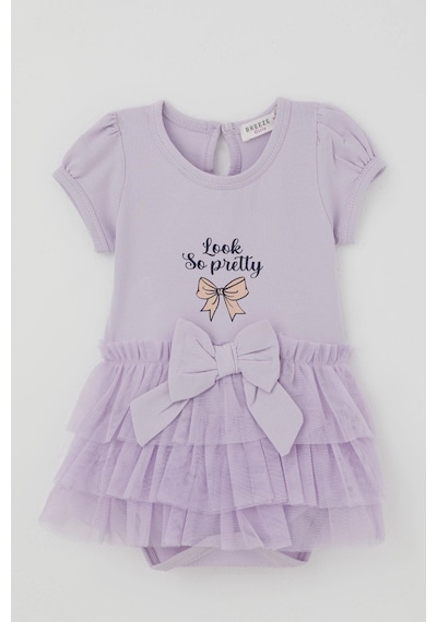 Breeze Kız Bebek Kısa Kollu Çıtçıtlı Zıbın Elbise Tütü Etekli Fiyonk Detaylı 6 Ay - 2 Yaş , Lila