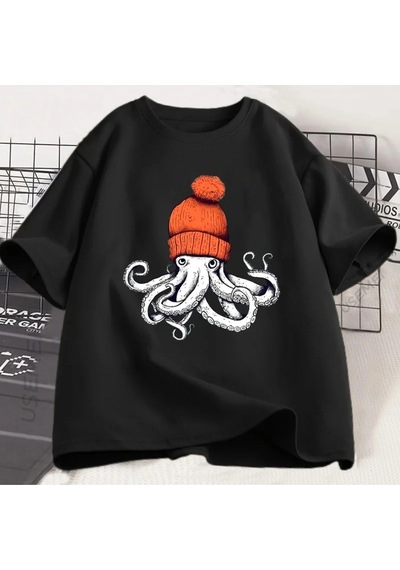 Startmore Beyaz Ahtapot Turuncu Bere Japon Tarzı Grafik Tees Yuvarlak Boyun Le Siyah