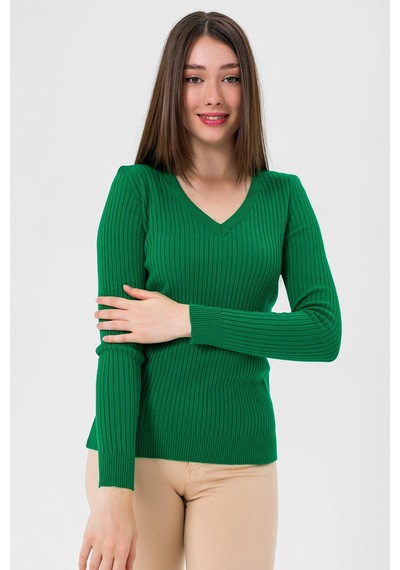 Miss Poem Kadın V Yaka Slim Fit Fitilli Uzun Kışlık Benetton Triko Kazak Yeşil