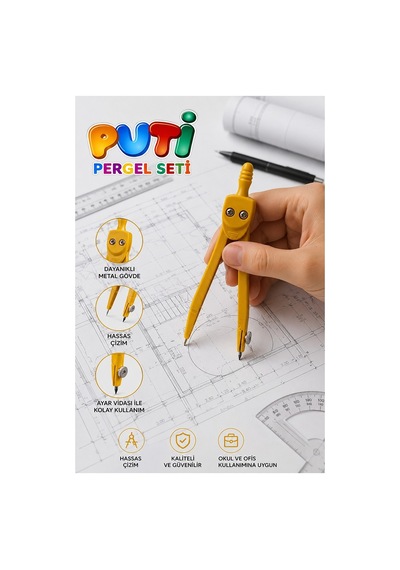 Yeşil Metal Pergel 1 Adet Puti 1574 Koruma Kutulu Metal Pergel Grafit Uçlu Mekanik Pergel Matematik Teknik Mimari Çizim