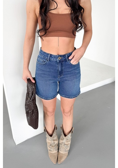 HLT Jeans Kadın Açık Mavi Yıkamalı Mom Fit Yüksek Bel Likralı Denim Şort Lily-açmavi