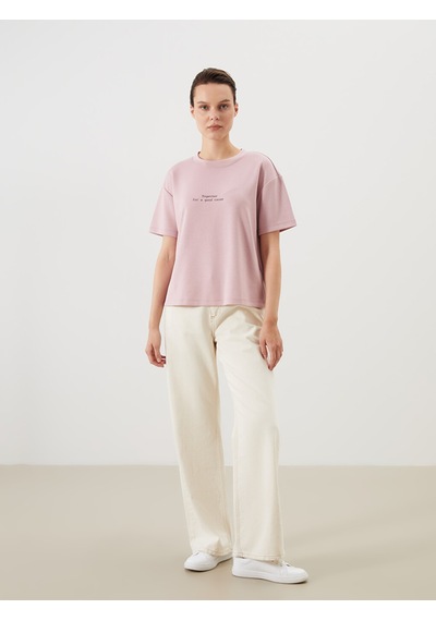 Lcw Comfort Pembe Baskılı Soft Touch Kadın Tişört