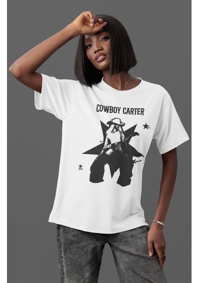 Sevbano Cowboy Carter Beyonce Şarkıcı Ön Baskılı Unisex Oversize Tişört Beyaz