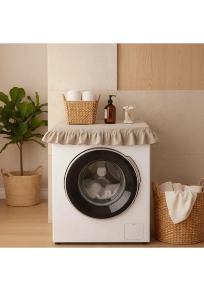 Fırfırlı Çamaşır Makinesi Örtüsü - Çeyizlik Dekoratif Banyo Makine Kılıfı- Bej