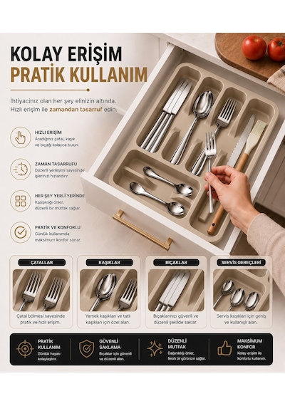 6 Bölmeli Çekmece İçi Kaşıklık, Plastik Çatal Bıçak Organizeri, Mutfak Düzenleyici Bej S-11003