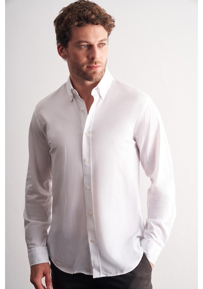 İmza Beyaz Düğmeli Yaka Kendinden Desenli Örme Uzun Kol Performans Ürün Slim Fit %100 Pamuk Gömlek 1004255272 Beyaz