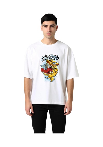 Paybuy Erkek Oversize Tişört %100 Pamuk Baskılı Vintage Canavar Tasarımı Beyaz