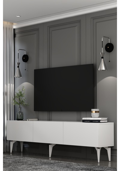 Mirella Tv Sehpası Tv Ünitesi Beyaz Gümüş Beyaz - Gümüş
