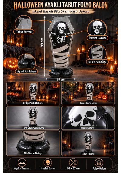 Halloween Cadılar Bayramı Ayaklı Tabut İskelet Folyo Balon 99x57 Cm Siyah Oda Dekoru Parti Süsü Çok Renkli