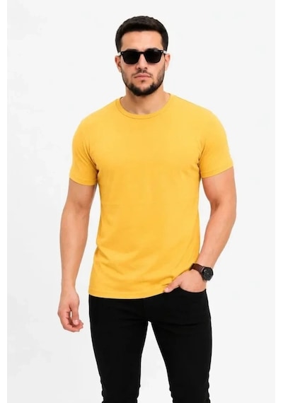 Defymoda Erkek Basic Tişört Bisiklet Yaka Kısa Kol Günlük Yazlık Slim Fit T-shirt - Sarı