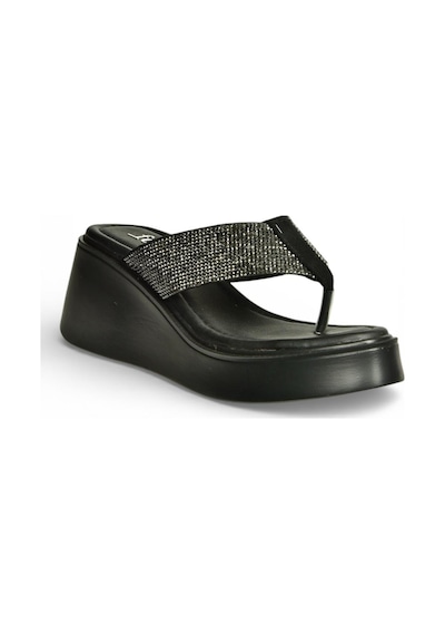 Fox Shoes Y973525309 Siyah Taş Detaylı Parmak Arası Kalın Tabanlı Kadın Terlik Siyah
