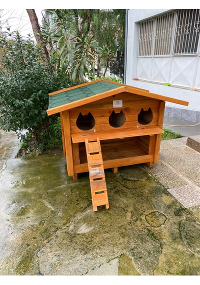 Pati Emlak Kedi Evi Ahşap Mamalıklı Dış Mekan Pati Emlak Kedi Kulübesi