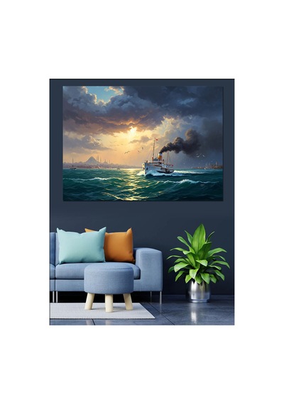 Gün Batımında Denizde Yolcu Gemisi Yağlı Boya Dokulu Kanvas Tablo Canvas Tablosu
