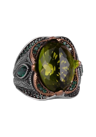 Peridot Yapay Taşlı Yüzük - 925 Ayar Gümüş Yüzük - El Yapımı Taş Takı - Gümüş Erkek Yüzüğü Gümüş