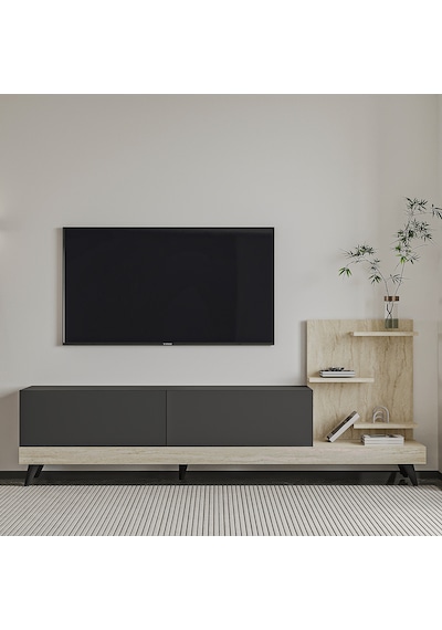 Dizayn Raflı Tv Ünitesi Antrasit/traverten - Antrasit/traverten Antrasit/traverten