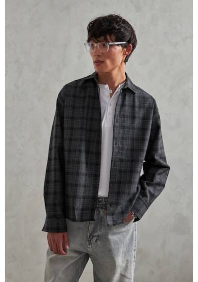 Erkek Oversize %100 Pamuk Ekose Gömlek Siyah