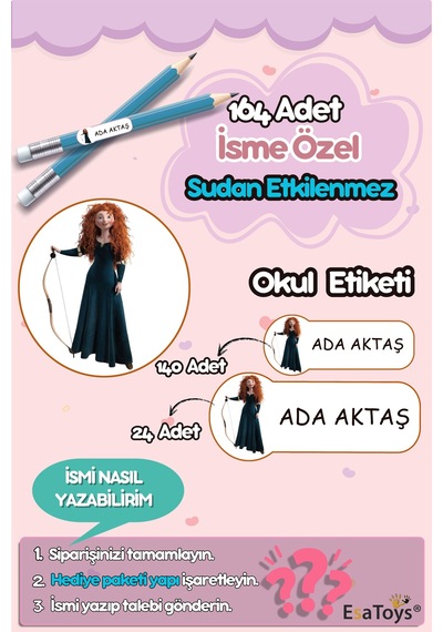 Merida Temalı Özel İsminiz Yazılı Okul Etiketi Diğer