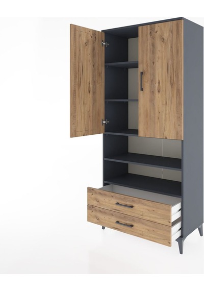 Hyperion Dolap 5 Raflı 2 Çekmeceli 2 Kapaklı 88x44x195 Antras... Antrasit