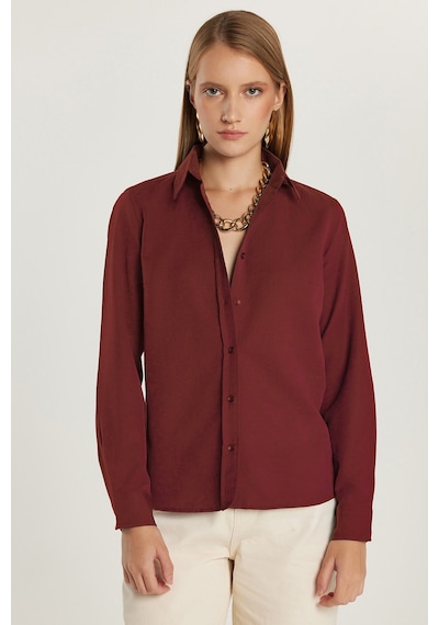 Tudors Kadın Slim Fit Dar Kesim Uzun Kollu Pamuklu Vücuda Oturan Dokulu Bordo Basic Gömlek-42050
