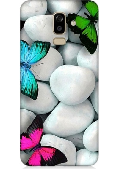 Samsung Galaxy J8 Uyumlu Mavi Yeşil Pembe Kelebekler Ve Beyaz Taşlar Desenli Silikon Kılıf