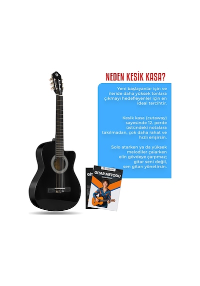 Fourtune Luca CW-200BK Kesik Kasa Siyah Klasik Gitar Seti 4/4 Sap Ayarlı (Cutaway)