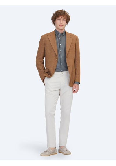 Kip Kahverengi Desenli Modern Fit Keten Karışımlı Ceket