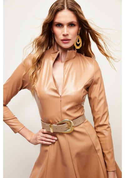 Sateen Fermuarlı Deri Bodysuit - Camel Sateen Fermuarlı Deri Bodysuit - Camel