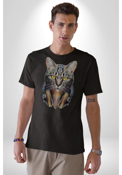 Kulaklık Kedi Unisex Unisex Siyah Organik Baskılı T-shirt Penye Yüksek Kalite Siyah