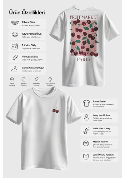 Spoyi Cherry Paris Tasarımlı %100 Pamuk Yarım Oversize Beyaz T-shirt