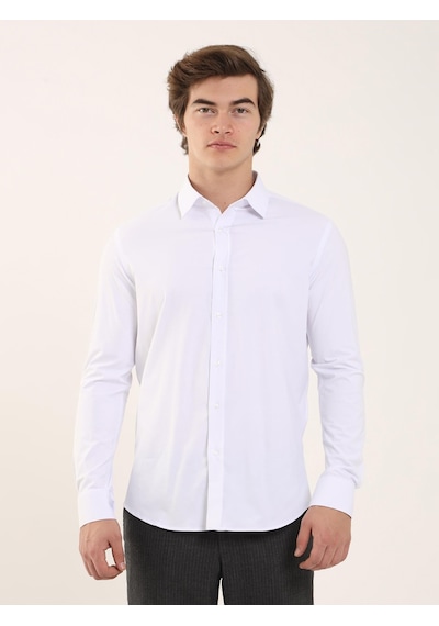 Dufy Beyaz Erkek Slim Fit  Klasik Yaka Uzun Kol Gömlek - 88164 Beyaz