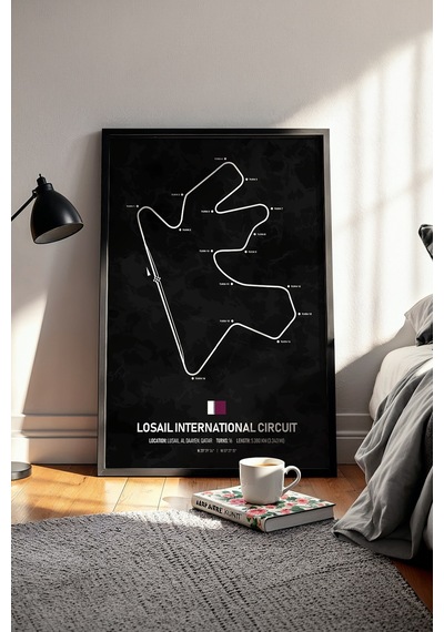 Losail F1 Pisti Ahşap Çerçeveli Tablo Katar Gp Dekor Poster Siyah