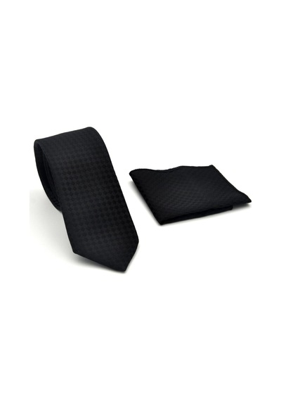 Gaffy Siyah Piti Kare Desenli Siyah Dokuma Kumaş Mendilli Slim Fit Kravat // Sdk-2503-1 Siyah