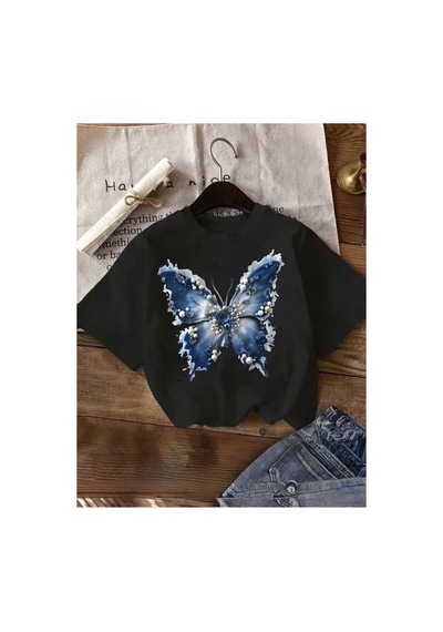 Herkesemoda Mavi Kelebek Baskı Detaylı Basic T-shirt Siyah