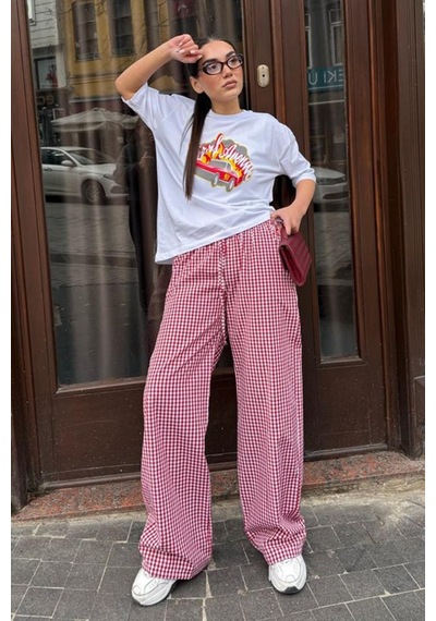 Madmext Bordo Beli Ayarlanabilir Ekoseli Bol Paça Kadın Pantolon Mg2335 Bordo
