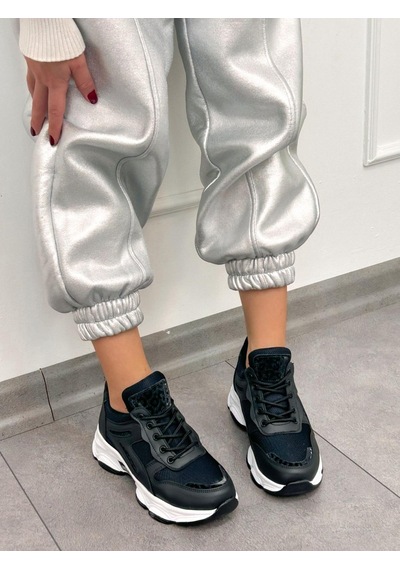Erva'nın Butiği Siyah Cilt Leo Leopar Detaylı Kadın Bağcıklı Sneakers-5199