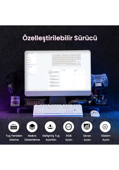 Aula F87 Pro V2 Mekanik Rgb Tkl Star Vector Switch Kablosuz Makrolu Hot Swap Klavye Desenli Beyaz