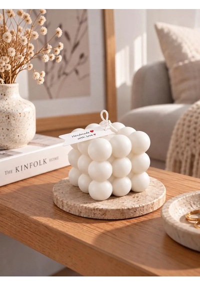 Mumelia Bubble Küp Doğal Soya Dekoratif Blok Mum - Büyük Boy - Beyaz
