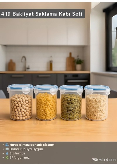 Erzak Saklama Kabı Seti 4'lü Bpa Free Gıda Kutusu Bpa Free Hava Almaz 750 Ml Şeffaf