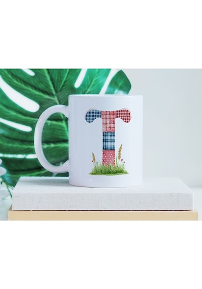 T Harfli Retro Çiçekli Kupa Bardak - Patchwork Tarz Yamalı Desenli İsme Özel Kupa - Hediye 07 Beyaz