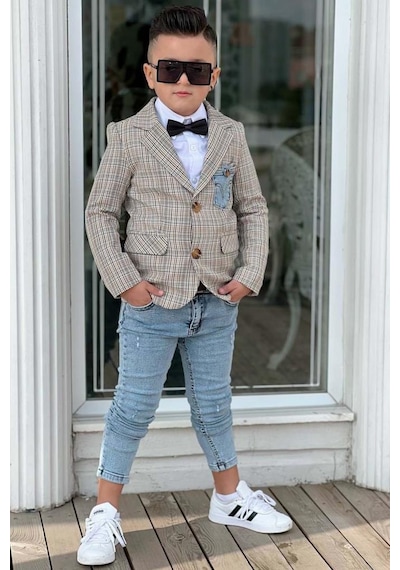 Riccotarz Erkek Çocuk Çizgili Blazer Ceket Kot Pantolon Gri Alt Üst Takım 001