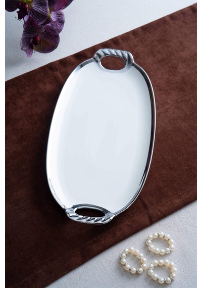 Acar Kaı-07681/4-slv Arven Silver Porselen Oval Sunum Tepsi - 41 16,5 3,5 Cm Gümüş