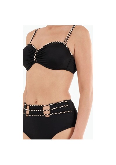 Louren Kadın Siyah/mavi Biye Detaylı Kaplı Telli Yüksek Bel Straplez Bikini Takımı Siyah