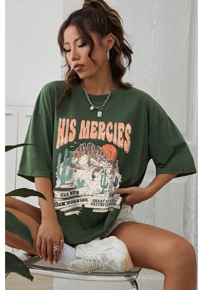 Uyguntarz Unisex His Mercies Baskılı Oversize Tshirt Yeşil