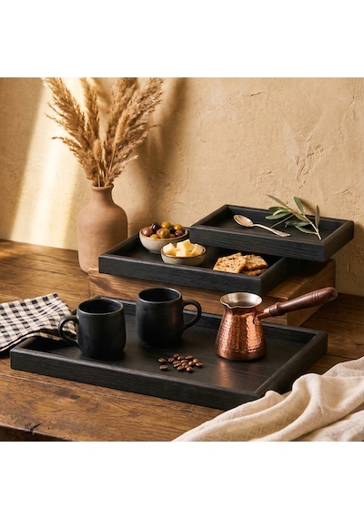 Porsima 1301050046 Ahşap Tepsi 3lü Set Çay Kahve Bambu Sunumu Tepsi Seti Siyah Siyah