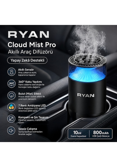Cloud Mist Pro Akıllı Araç Difüzörü 360 Koku Yayılımı Nano Mist Teknolojisi 7 Renk Led 800 Mah Şarjlı Ekstra Kartuş li
